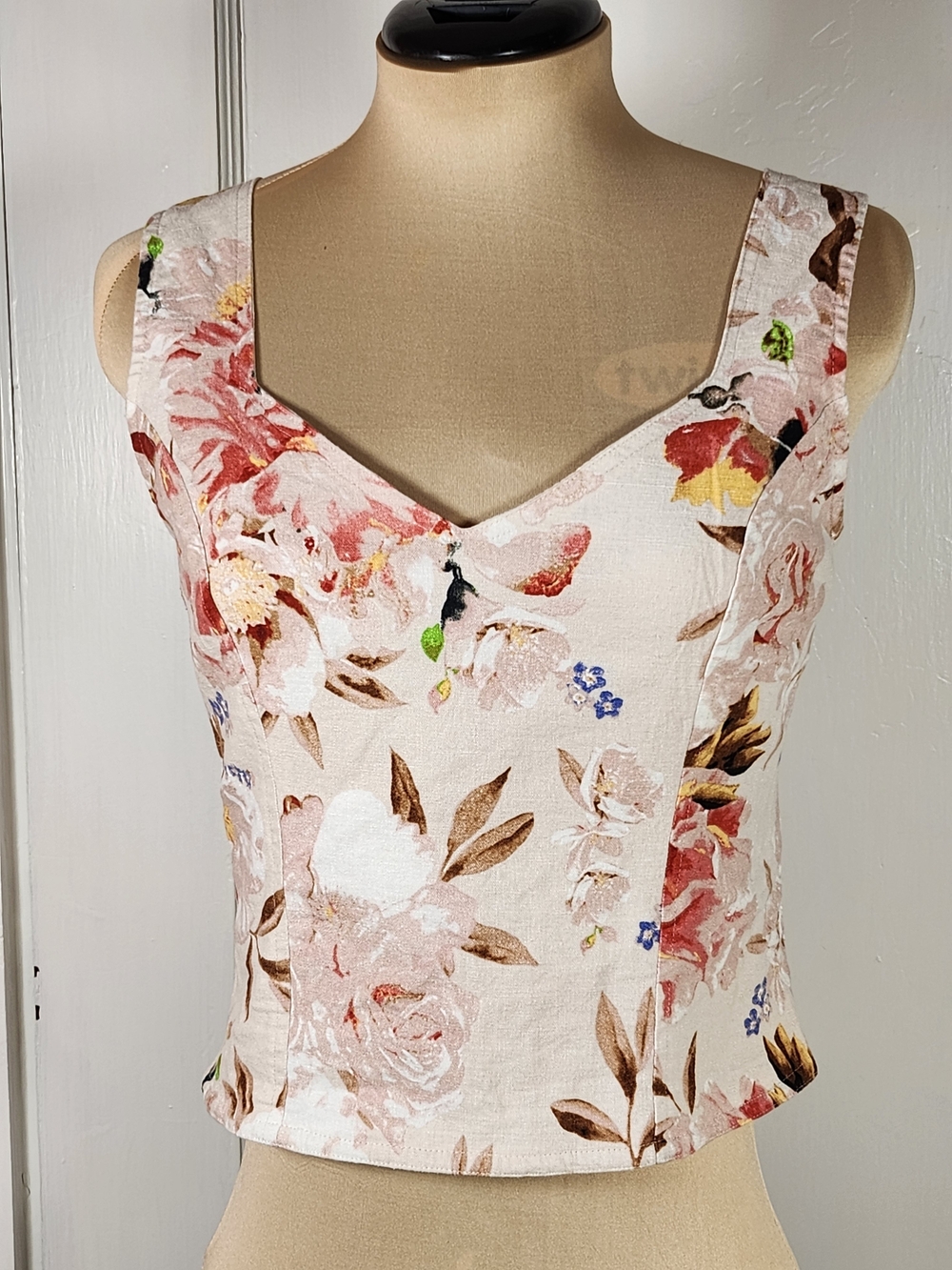 Express Beige Linen-Blend Floral Smocked Tank Top